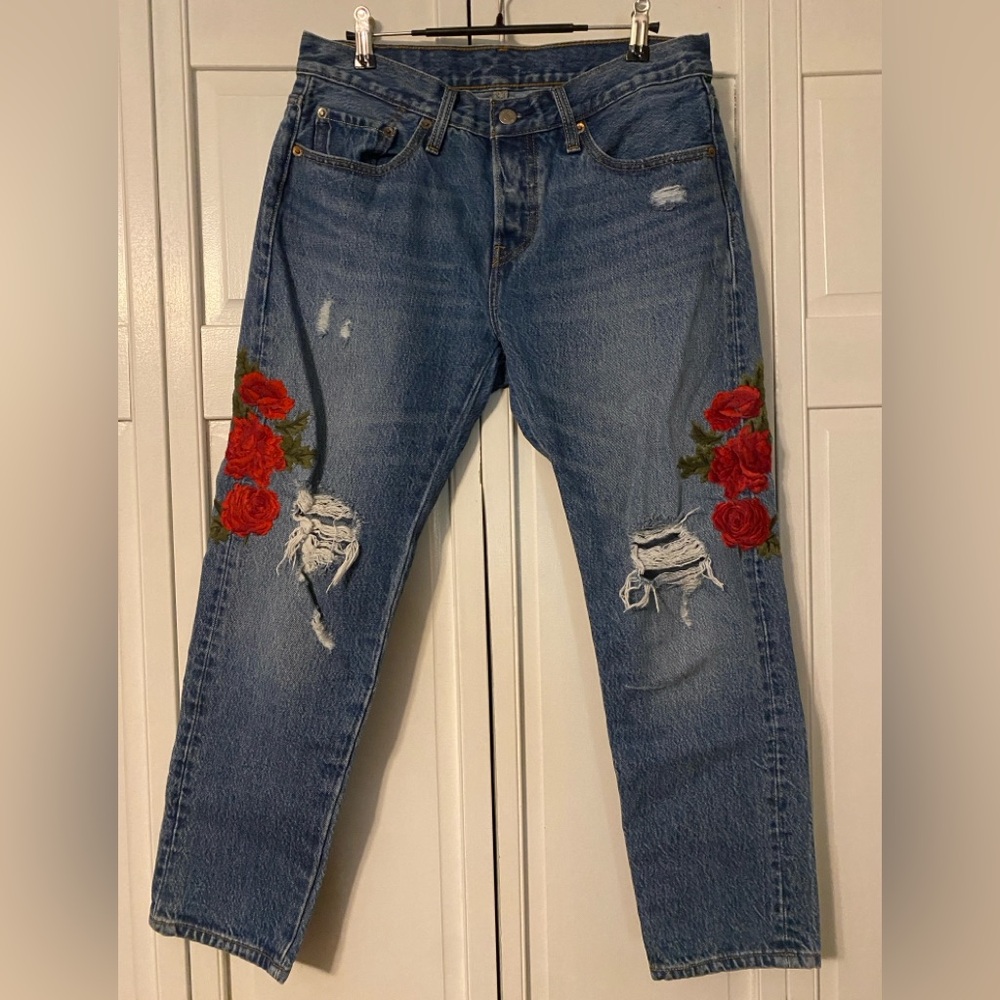 Embroidered Blue Jeans with Red Roses